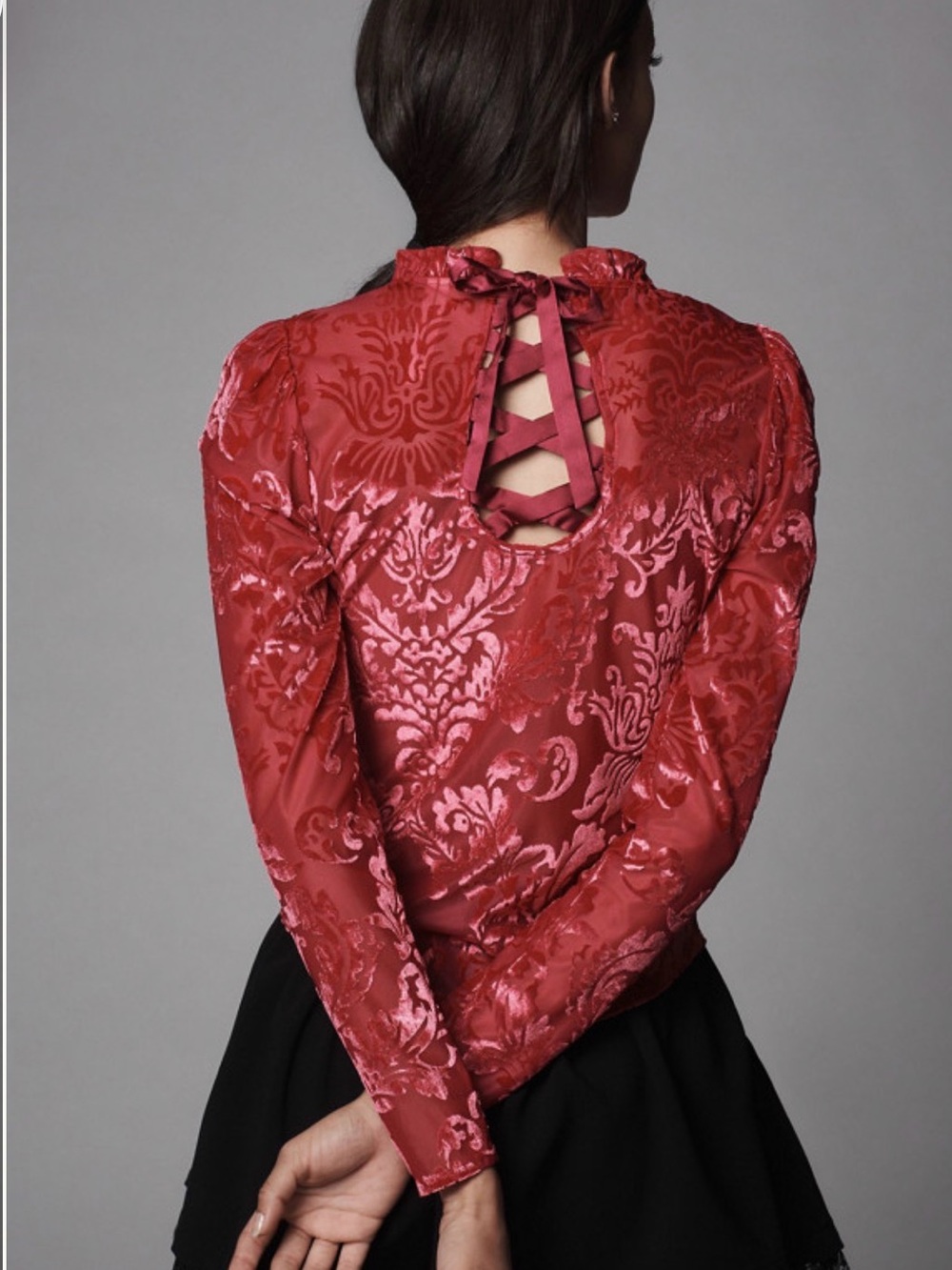 Anthropologie Red Velvet Burnout Long-Sleeve Top - Picture 2 of 5